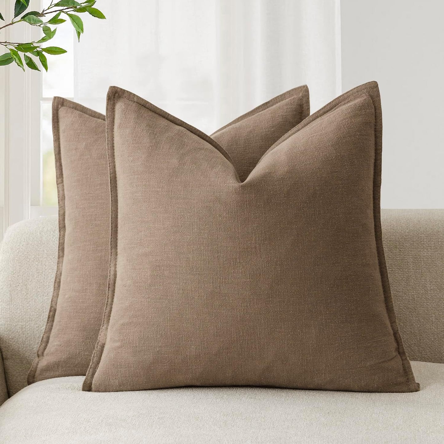 Pack of 2, Decorative Linen Soild Throw Pillow Covers Soft Accent Cushion Case Boho Farmhouse Neutral Pillowcase for Chair Couch Sofa Bedroom Living Room Home Decor 20 X 20 Inch Light Brown