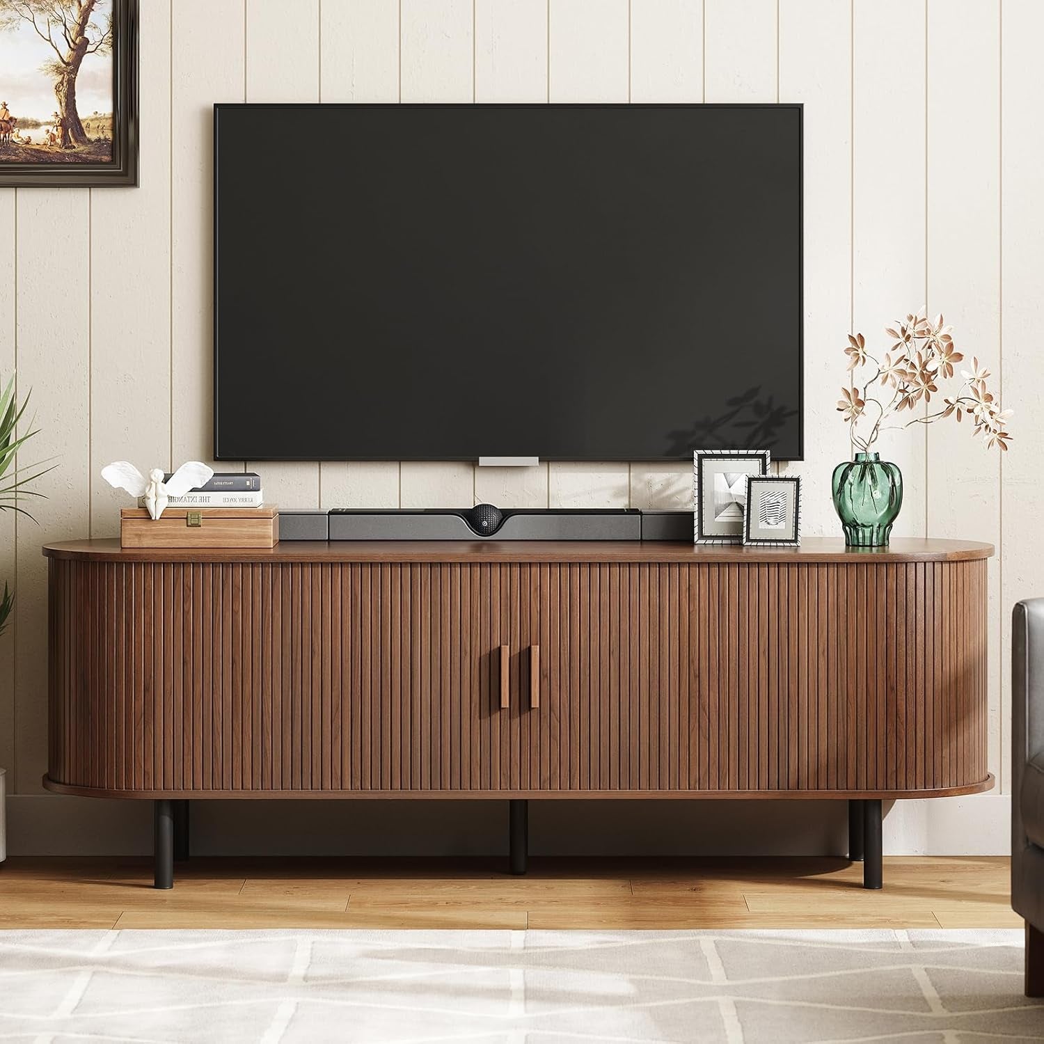 63" TV Stand with Power Outlet for Tvs up to 70 Inch, Entertainment Center with Storage and Adjustable Shelves, Modern Media Console with Sliding Doors for Living Room, Walnut