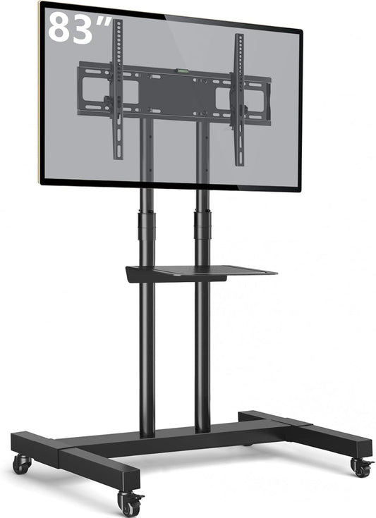 Mobile TV Stand Rolling TV Cart Floor Stand with Mount on Lockable Wheels Height Adjustable for 32-83 Inch TV Stand Flat Screen or Curved Tvs Monitors Display Trolley Loading 110 Lbs