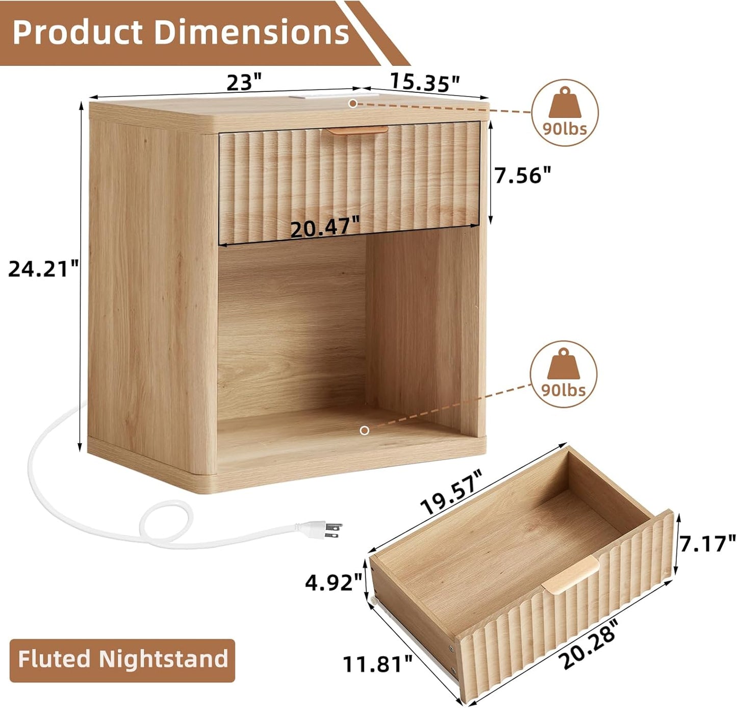 Fluted Farmhouse Nightstand Set of 2 with Charging Station, 23" Wide 1 Drawers End Table,Natural Dresser for Bedroom,Bed Side Table Chest of Drawers Cabinet,Wood Night Stand for Living Room