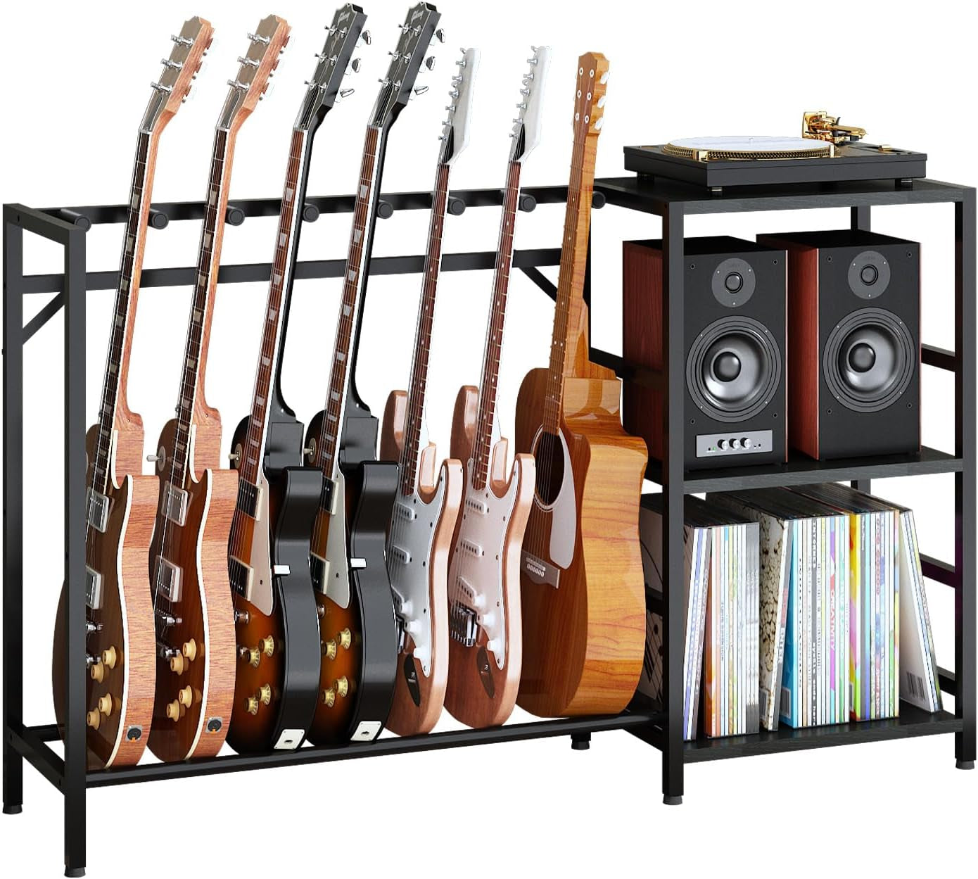 Record Player Stand with Guitar Stand, Record Player Table with Guitar Rack, Guitar Holder 7 Space for Multiple Guitars, Bass, Acoustic, Guitar Display for Home Music Studio, Black