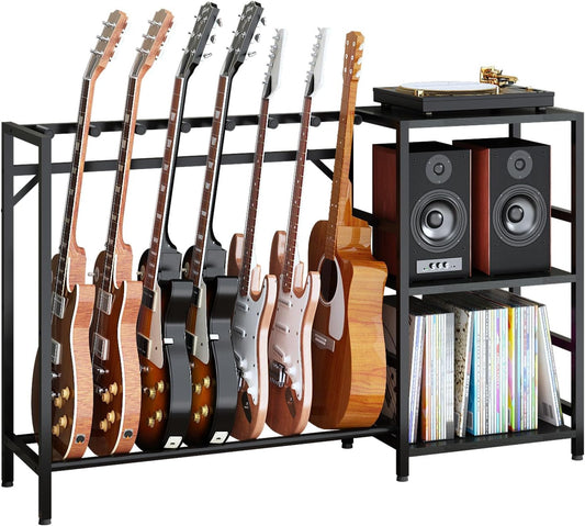 Record Player Stand with Guitar Stand, Record Player Table with Guitar Rack, Guitar Holder 7 Space for Multiple Guitars, Bass, Acoustic, Guitar Display for Home Music Studio, Black