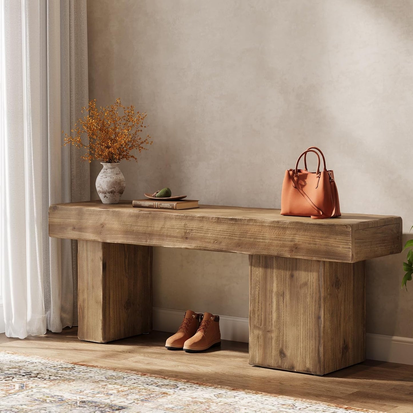 Thickened Solid Wood Bench, 47" Rustic Farmhouse Entryway Bench with Artistic Legs, Heavy Duty Dining Bench for Kitchen, Living Room, Hallway, End of Bed, Natural Wood