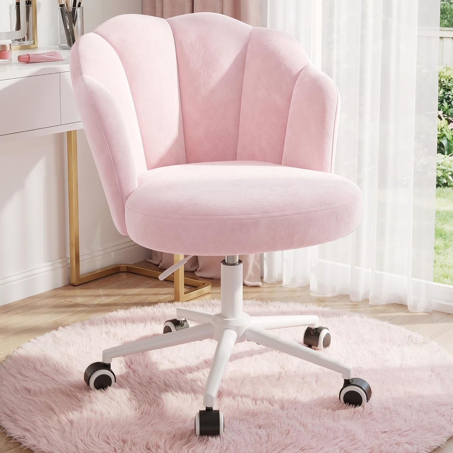 Office Vanity Chair with Wheels, Comfy Desk Chair with Back, Armless Home Office Desk Chair Hight Adjustable & 360° Swivel, Makeup Task Chair for Bedroom, Study Room, Blush Pink