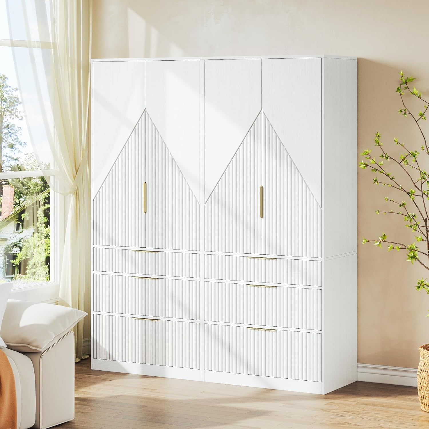 71.7" Wardrobe Armoire Wooden Closet with 2 Doors and 3 Drawers, Bedroom Armoire with Hanging Rod Shelf, Large Capacity Storage Wardrobe Armoire, Freestanding Wooden Closet Storage Cabinet White