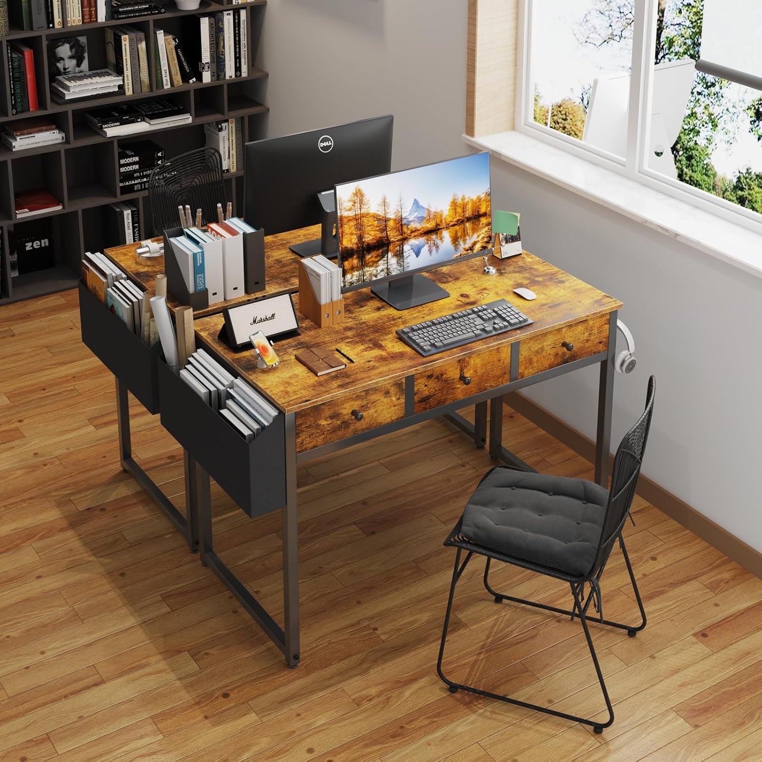 Small White Desk with Drawers - for Bedroom, 32 Inch Home Office Computer Desk with Fabric Storage Drawer and Bag, Study Writing Table for Small Spaces, White