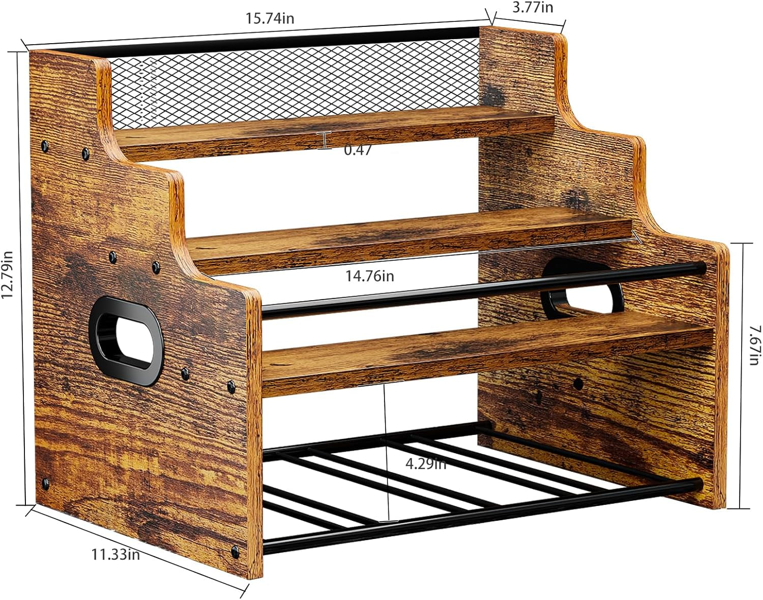 4-Tier Wood Display Shelf, Black Modern Bottle Organizer, Countertop Bar Stand for Liquor, Coffee Syrup, (Brown)