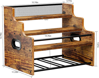 4-Tier Wood Display Shelf, Black Modern Bottle Organizer, Countertop Bar Stand for Liquor, Coffee Syrup, (Brown)