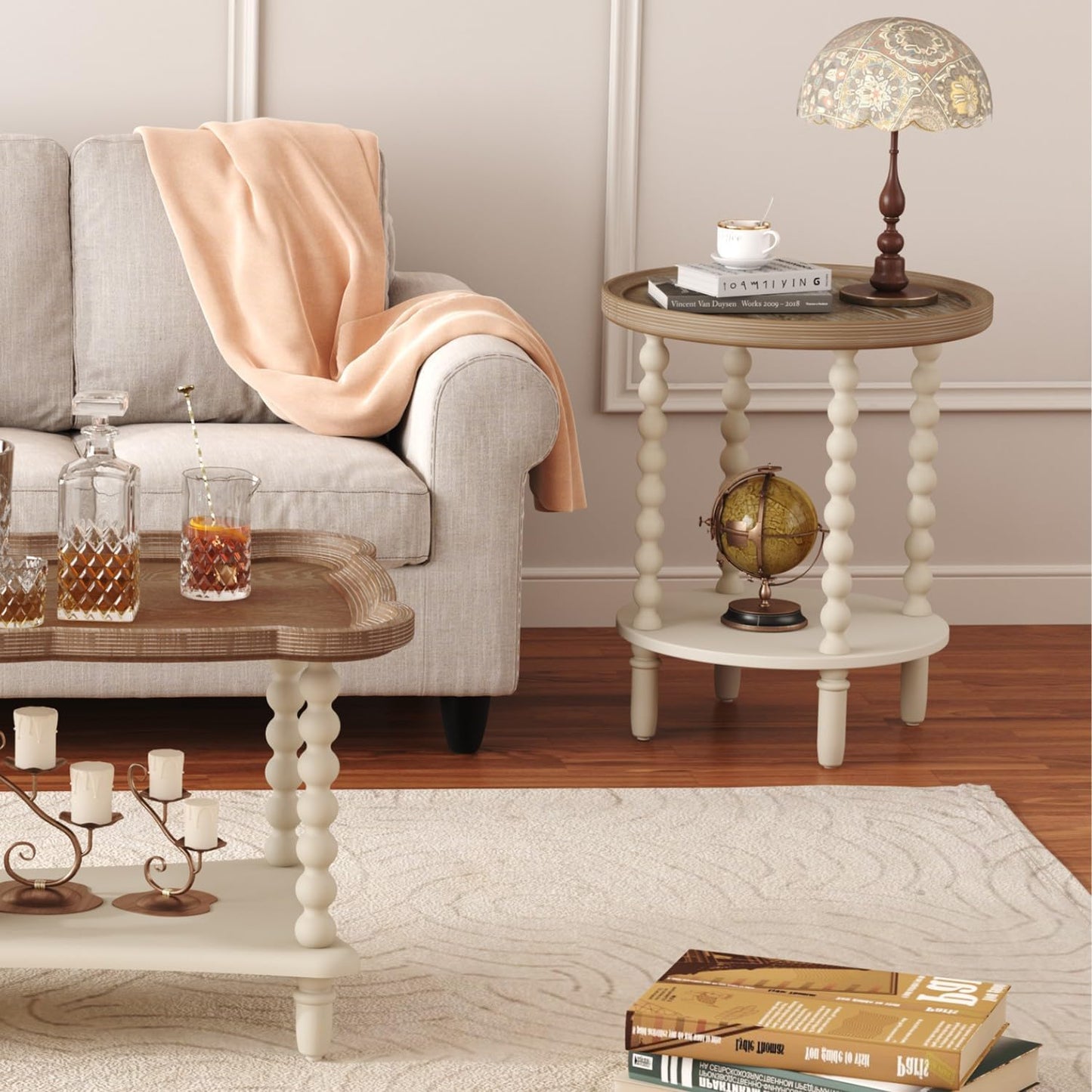 round End Table, Rustic Farmhouse Side Table with Storage Shelf, 2-Tier French Country Nightstand for Living Room Bedroom Small Space, Natural Tray Top and Vintage White Spindle Legs