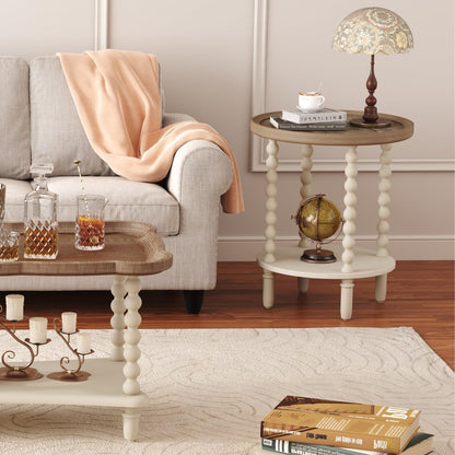 round End Table, Rustic Farmhouse Side Table with Storage Shelf, 2-Tier French Country Nightstand for Living Room Bedroom Small Space, Natural Tray Top and Vintage White Spindle Legs