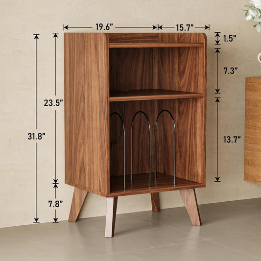 Record Player Stand, Turntable Stand with Record Storage and Charging Station & USB Ports, Record Player Table with Metal Divider, Record Stand up to 160 Albums for Living Room, Bedroom Walnut