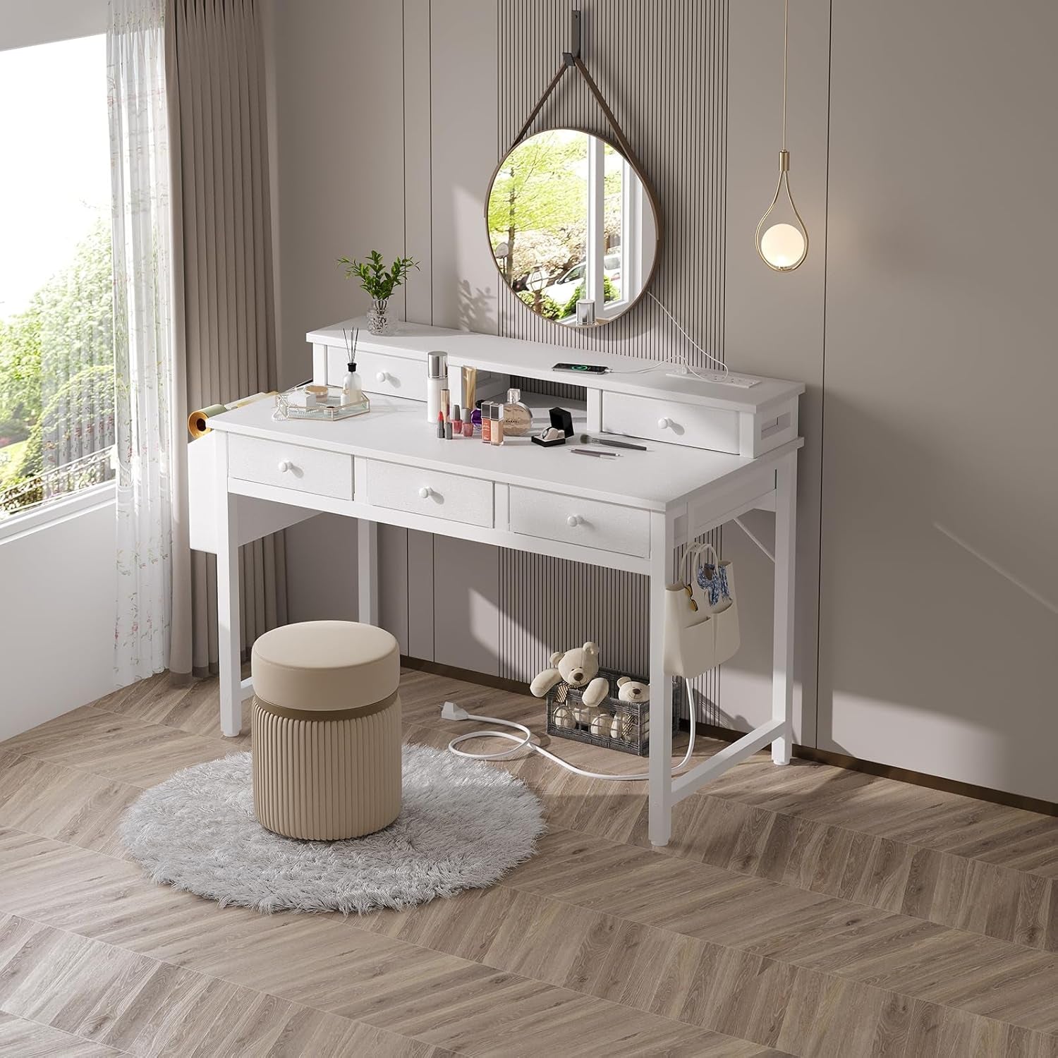 White Computer Desk with Fabric Drawers for Home Office, 40 Inch Vanity Makeup Desk with Drawers Storage for Bedroom, Writing Study Table with Power Outlet & Monitor Stand, White