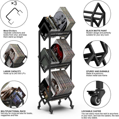 3 Tier Vinyl Record Storage Rack, Mobile Black Metal LP Storage Display Stand with Casters, Large Capacity Record Holder for Albums, Books, Magazines, and Office Files