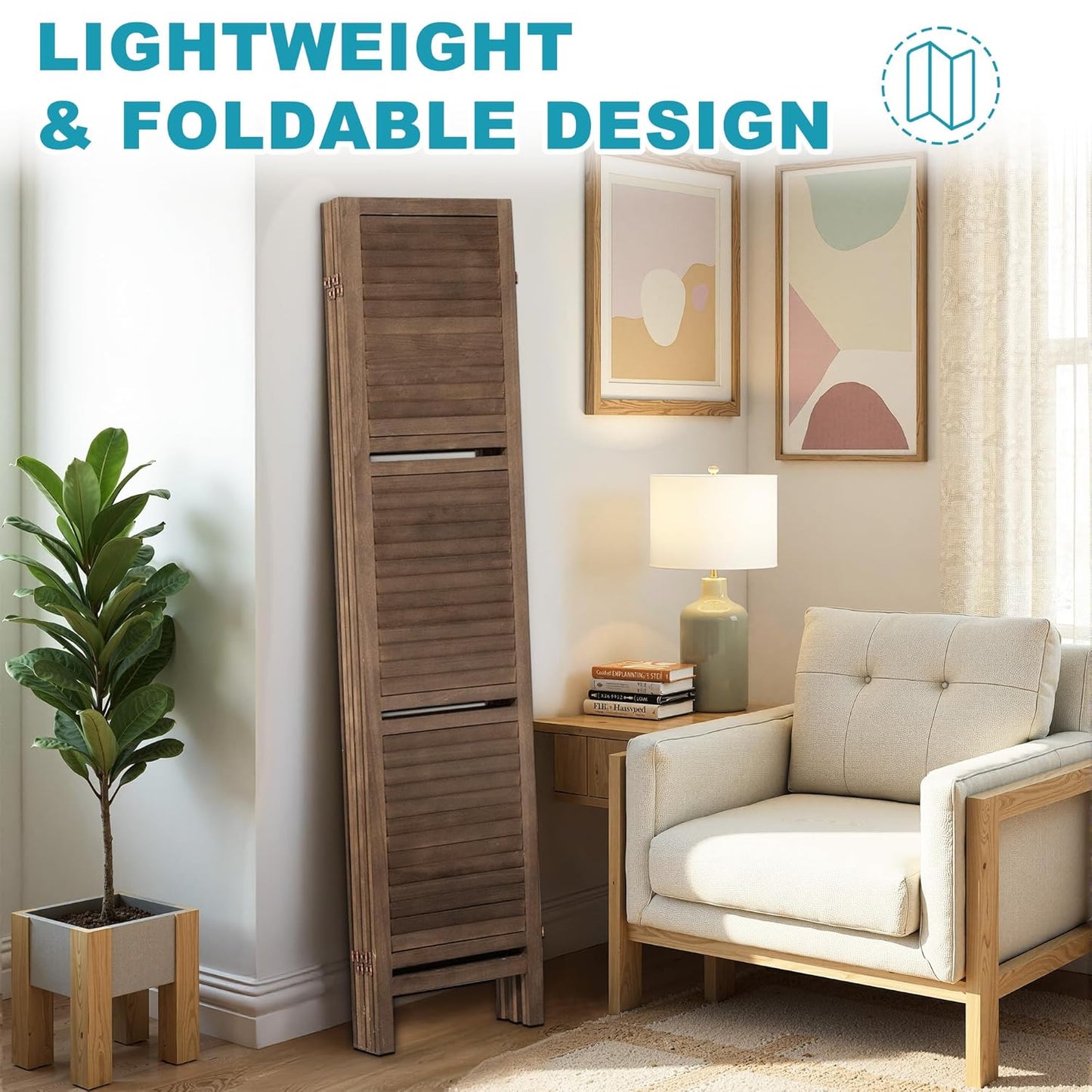 6 Panel Room Divider with Shelves, 5.6FT Folding Room Divider Screen, Free Assembled Freestanding Partition for Home Office Bedroom, Dark Brown