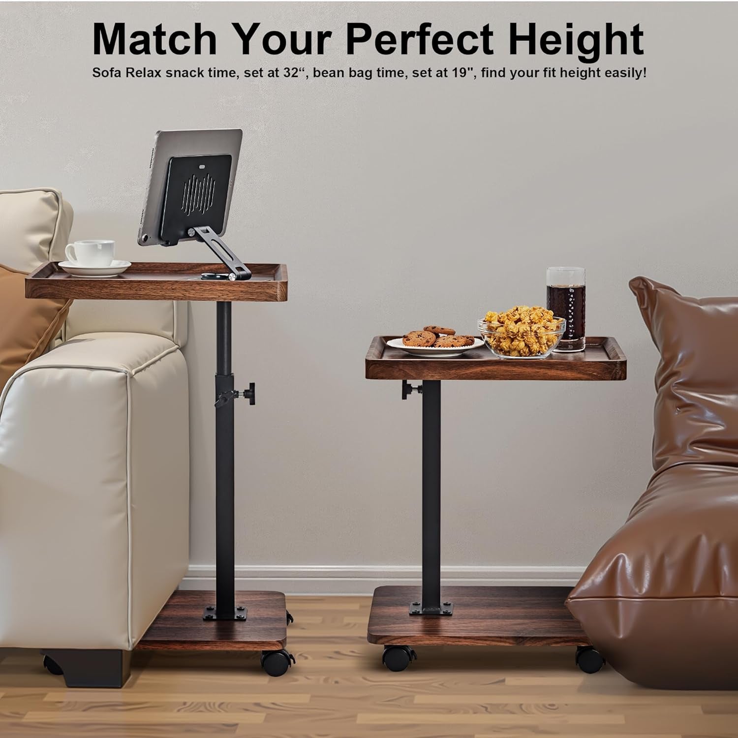 TV Tray Table Sofa Side Table Adjustable Height, 360°Swivel Couch Table for Small Spaces, C Shaped End Tables Living Room and Bedroom for Sofa, Bed, Chair, Snack, Living Room (Walnut Brown)
