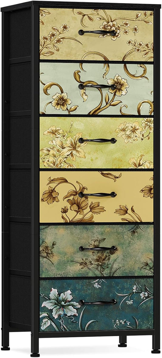 Tall 6 Drawers Dresser, Vintage Storage Organizer Unit with Fabric Bins for Bedroom, Living Room, Closet, Nusery, Dorm, Entryway, Bedside Furniture, Sturdy Metal Frame, Wood Top