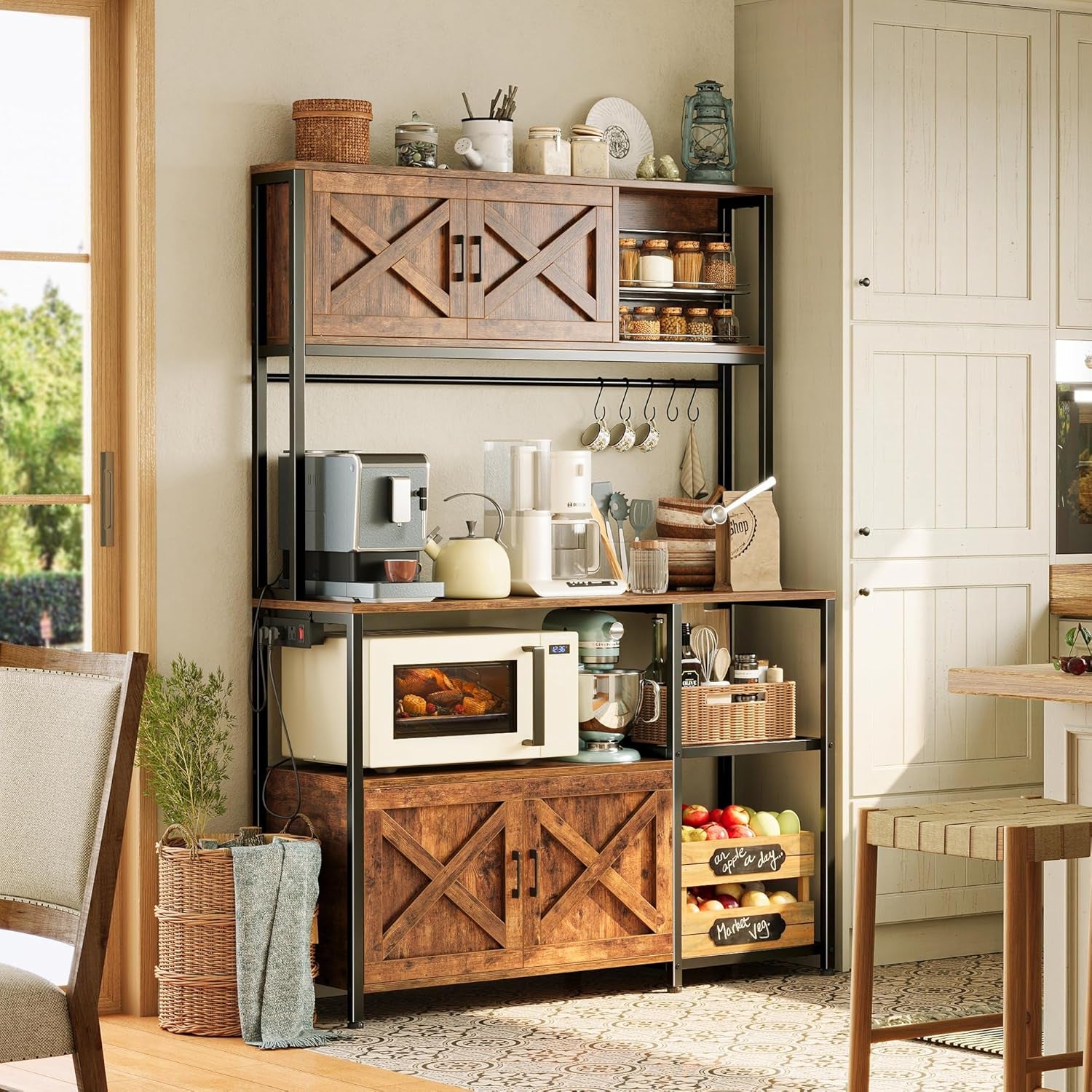 Large Bakers Rack with Power Outlet, Kitchen Microwave Stand with Cabinets, Coffee Bar Table Station with Storage, 6 S-Shaped Hooks, Mesh Shelves, 45 Inch Wooden Top, Rustic Brown