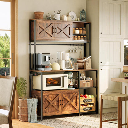Large Bakers Rack with Power Outlet, Kitchen Microwave Stand with Cabinets, Coffee Bar Table Station with Storage, 6 S-Shaped Hooks, Mesh Shelves, 45 Inch Wooden Top, Rustic Brown