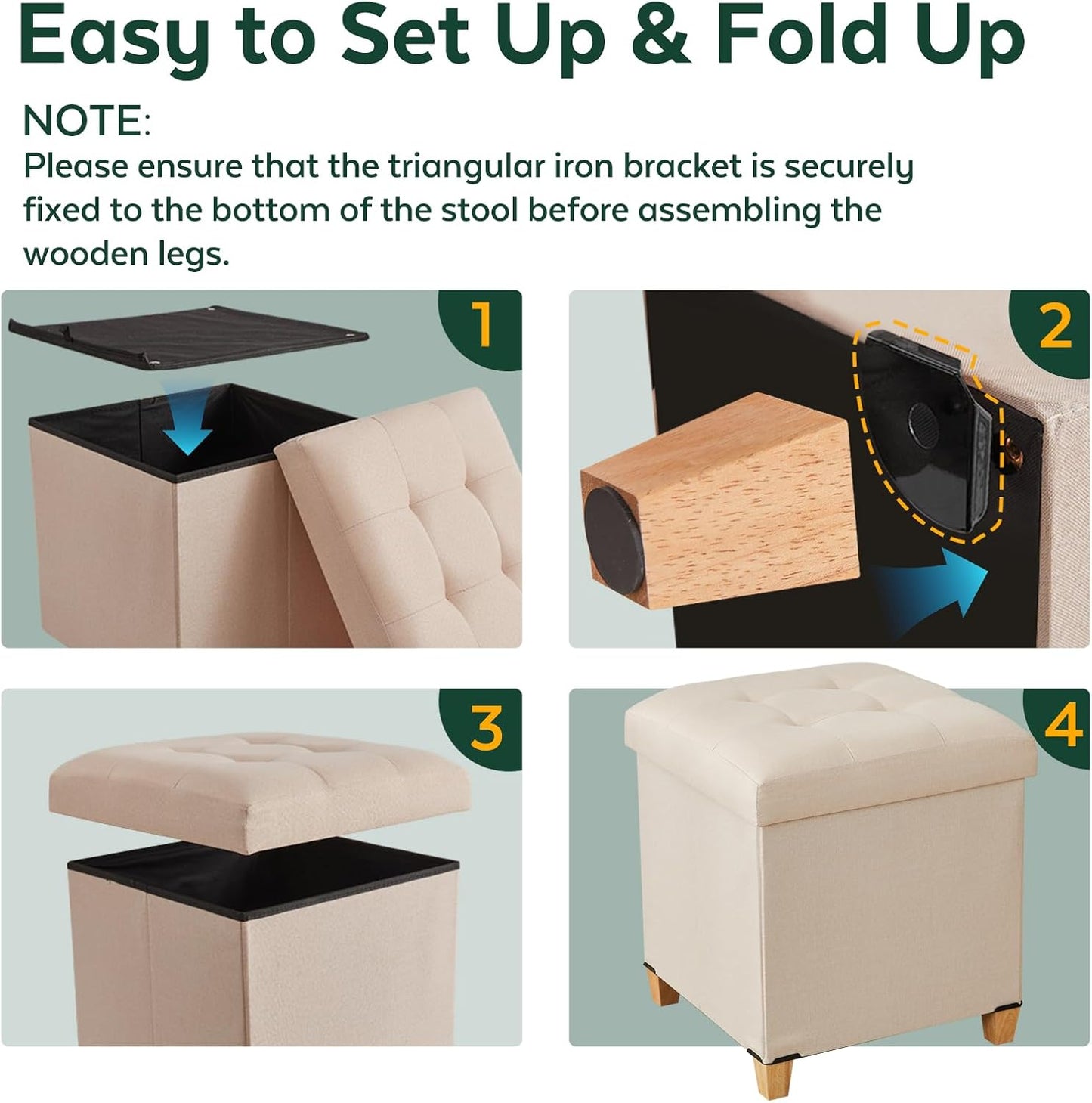 17.7" Square Ottoman with Storage, Storage Ottoman Foot Stool with Lid & Solid Wood Legs, Linen Ottomans for Living Room, Bedroom, Dorm, Gray