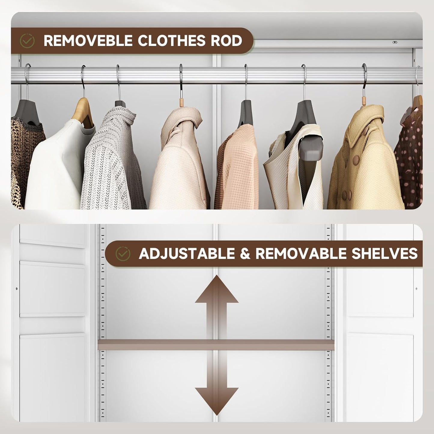 Metal Armoire Wardrobe Closet with 2 Drawers,18" Deep Clothing Storage Cabinet with Doors and Shelves,Coat Closet with Hanging Rod,Bedroom,Home,Cloak Room,White