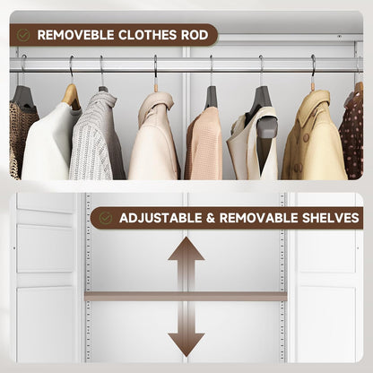 Metal Armoire Wardrobe Closet with 2 Drawers,18" Deep Clothing Storage Cabinet with Doors and Shelves,Coat Closet with Hanging Rod,Bedroom,Home,Cloak Room,White