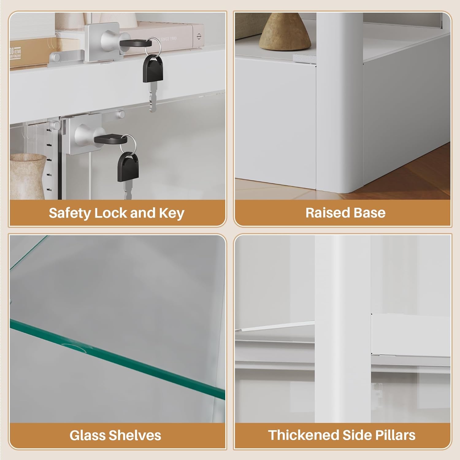 4-Sided Glass Display Cabinet with Lock & 13 Color Light, Lighted Curio Cabinet with Glass Door & Adjustable Shelves, Metal Display Case for Collectibles Figures Wine China, 28" W White