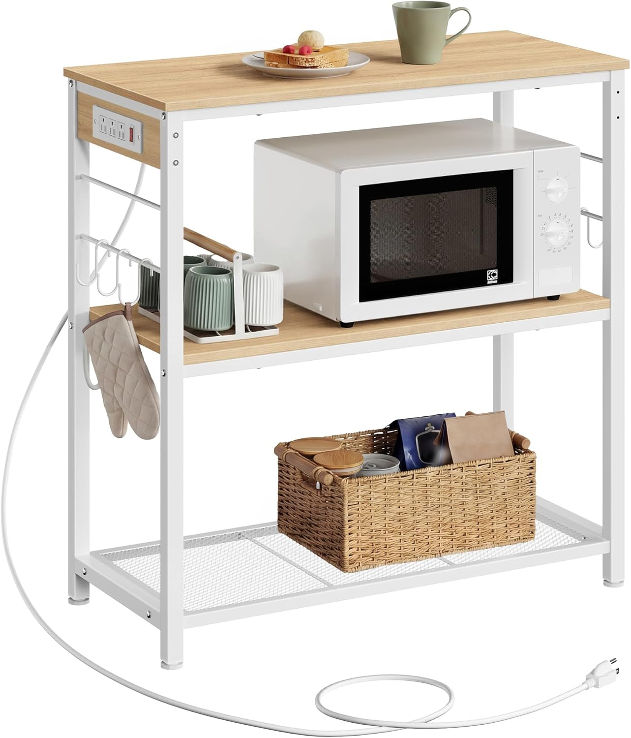 Kitchen Island with Power Strip, Microwave Oven Stand, Kitchen Shelf, Baker'S Rack with 3 Open Shelves, 6 Hooks, Metal Frame, 15.7 X 31.5 X 35.4 Inches, Goldean Oak and White UKKI102YA02S