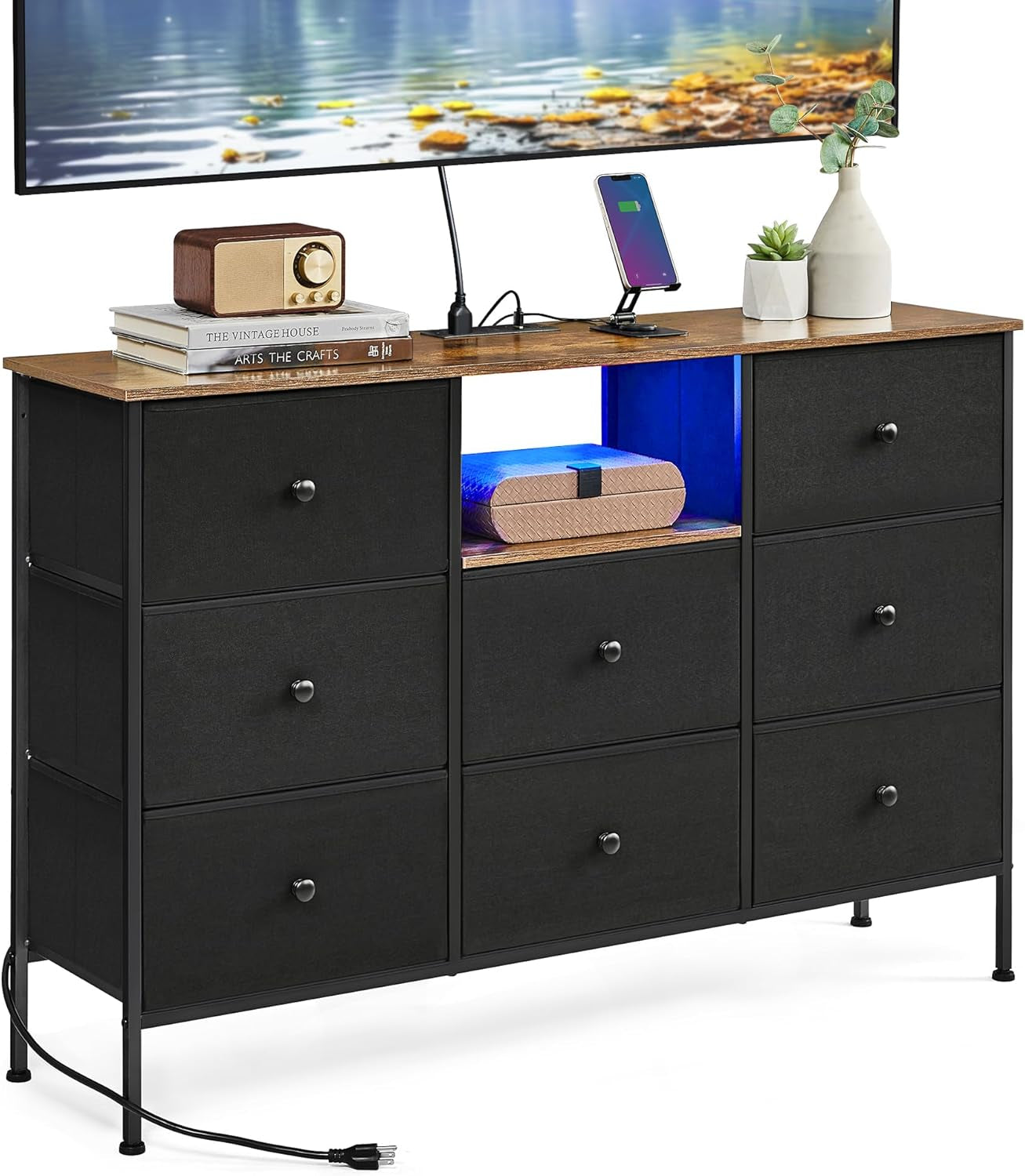 Dresser for Bedroom, Fabric Dresser with Power Outlets and LED Lights, TV Stand for up to 60 Inch Tvs, 25 Colors, 11.8 X 47.2 X 31.3 Inches, Ink Black and Rustic Brown ULTS518B01