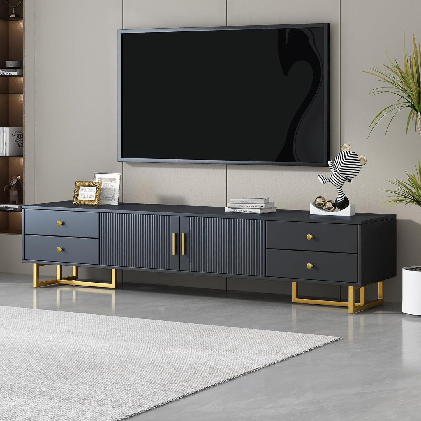 Modern TV Stand with Drawers for Tvs up to 75'', Media Console Storage Cabinet Entertainment Center Furniture for Living Room Bedroom, Gold Metal Legs, 70.9-Inch, Black