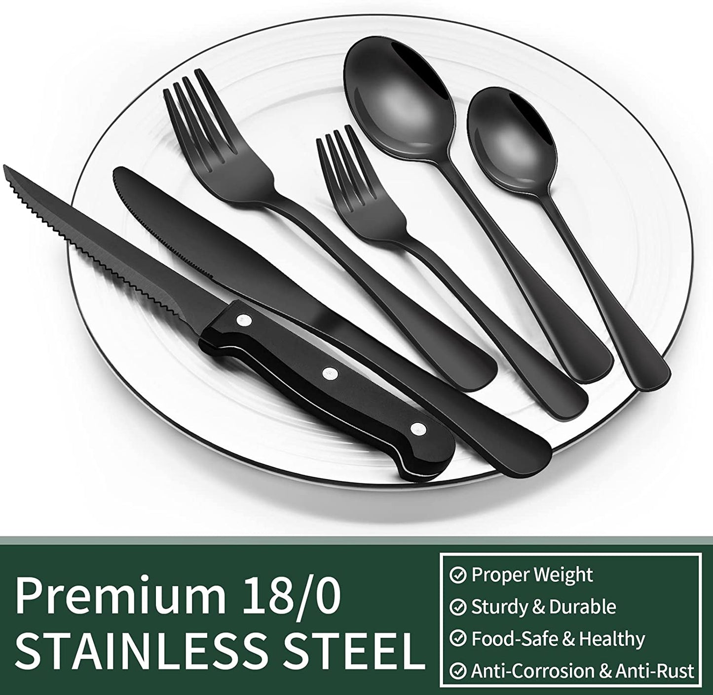 24-Piece Black Silverware Set with Steak Knives, Flatware for 4, Food-Grade Stainless Steel Tableware Cutlery Set, Mirror Finished Utensil Sets Home Restaurant