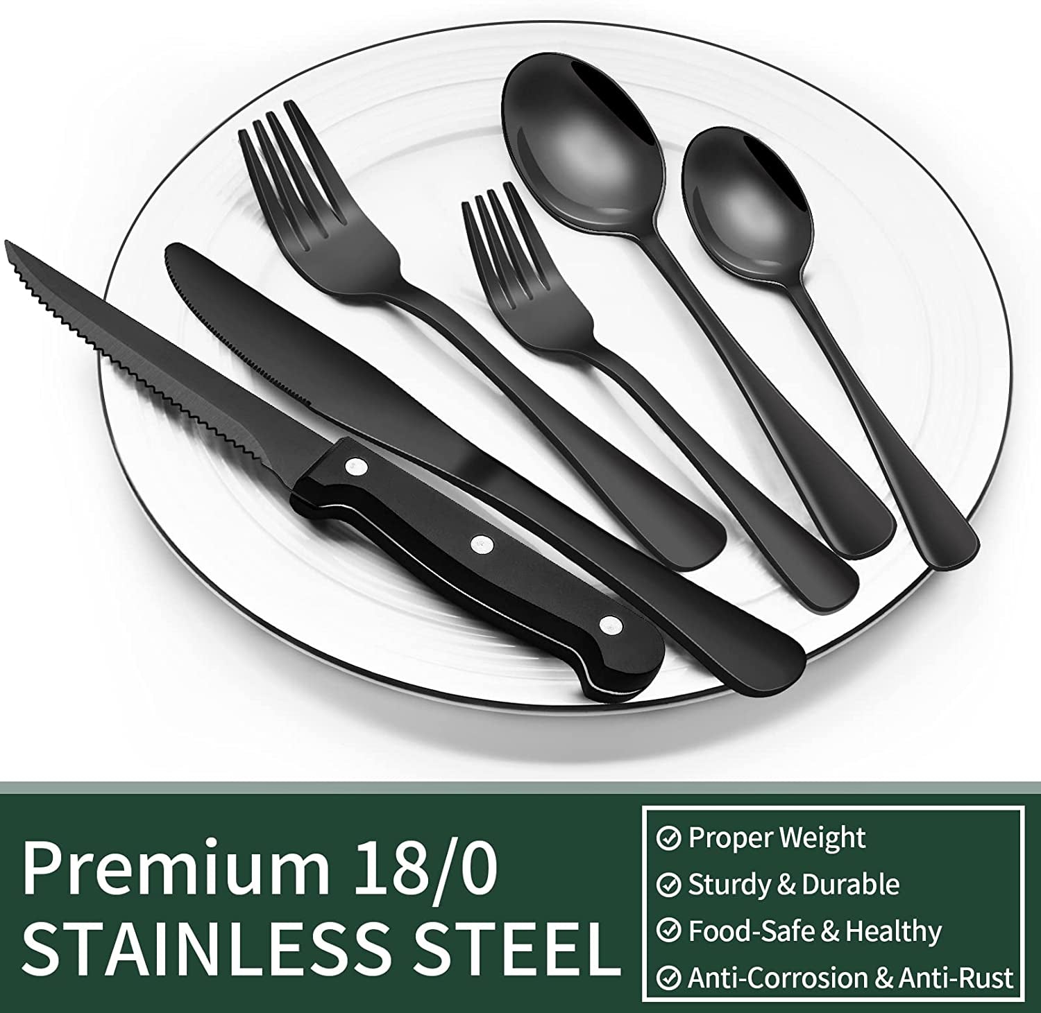 24-Piece Black Silverware Set with Steak Knives, Flatware for 4, Food-Grade Stainless Steel Tableware Cutlery Set, Mirror Finished Utensil Sets Home Restaurant