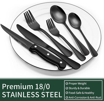 24-Piece Black Silverware Set with Steak Knives, Flatware for 4, Food-Grade Stainless Steel Tableware Cutlery Set, Mirror Finished Utensil Sets Home Restaurant