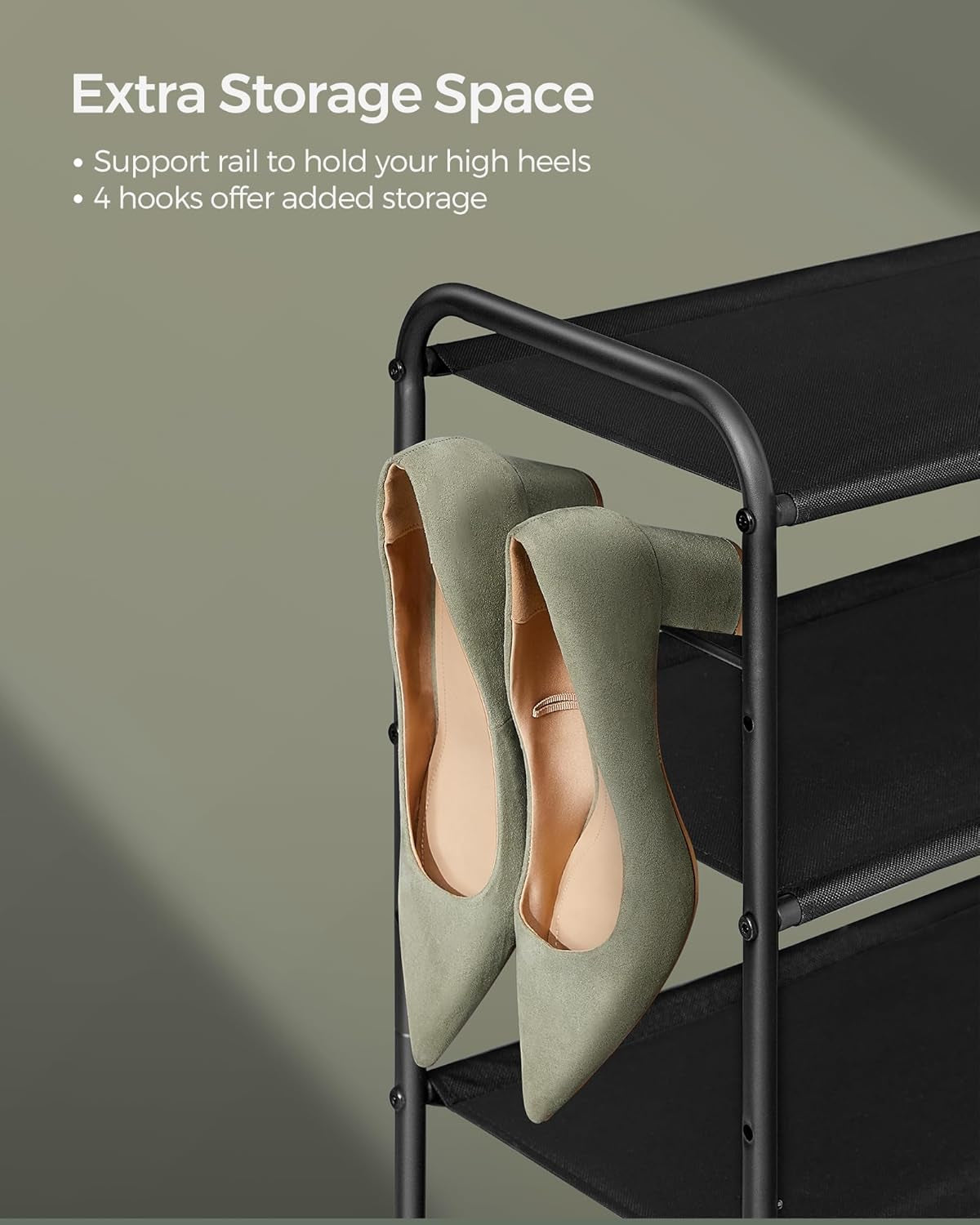 Shoe Rack, 2-Tier Shoe Organizer, Fabric Shoe Shelf Storage with 4 Hooks, Holds up to 12 Pairs of Shoes, Height-Adjustable Shoe Rack for Entryway, Hallway, Closet, Easy Assembly, Ink Black
