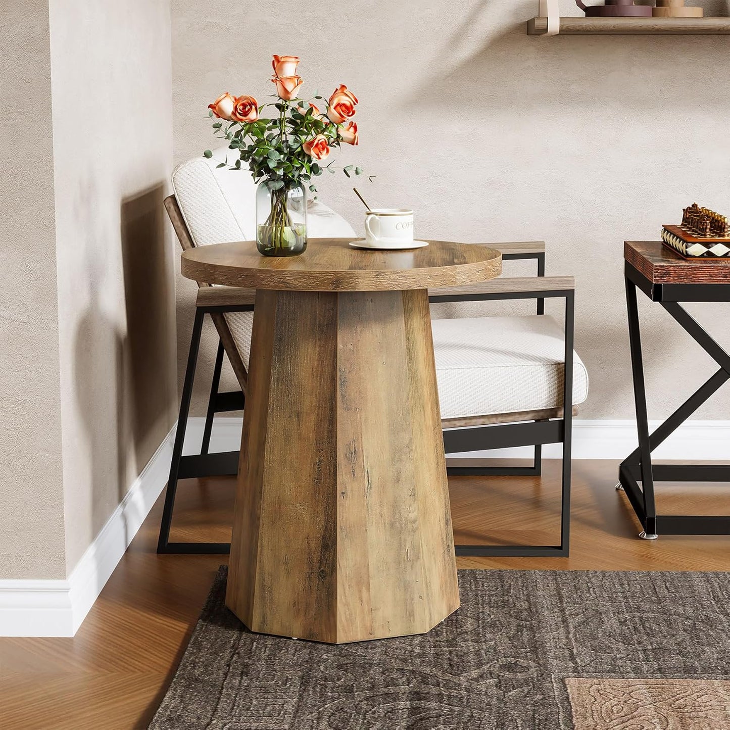 round Pedestal End Table, Farmhouse Couch Side Table with Octagonal Base, Wooden Drink Stand Accent Nightstand (1, Rustic Brown)