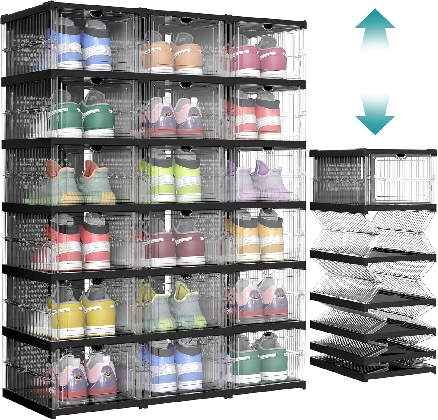 Foldable Shoe Boxes, Pack of 18 Stackable Shoe Storage Organizer, Set of 3 Integraed Shoe Cabinets, Portable, Fit up to US Size 13, 60S Assembly, Transparent and Ink Black ULSP207B01