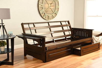 Phoenix Full Size Futon in Espresso Finish with Storage Drawers, Oregon Trail Java