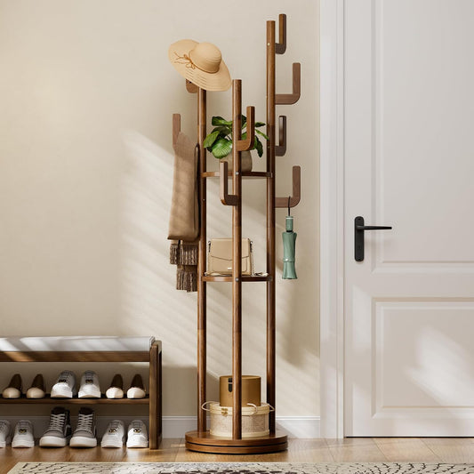 Rotary Coat Rack Freestanding - Solid Wood Coat Tree with 9 Hooks & 3 Storage Shelves for Purse, Bag, Jacket, Hat, Corner Hanger Stand Racks for Hall, Entryway, Office, Modern Clothes Holder