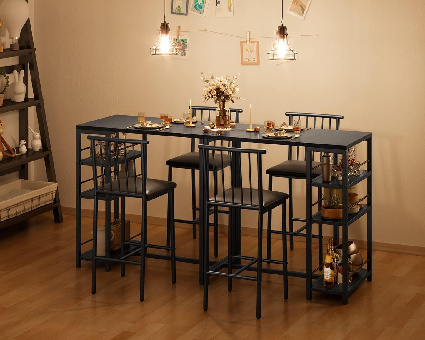 Dining Table Set for 2 with 3 Storage Shelves, Kitchen Table and Chairs for 2 with Pu Cushion Chairs & Thick Wood Top, 3 Piece Dining Table Set for Small Space, Apartment - Black