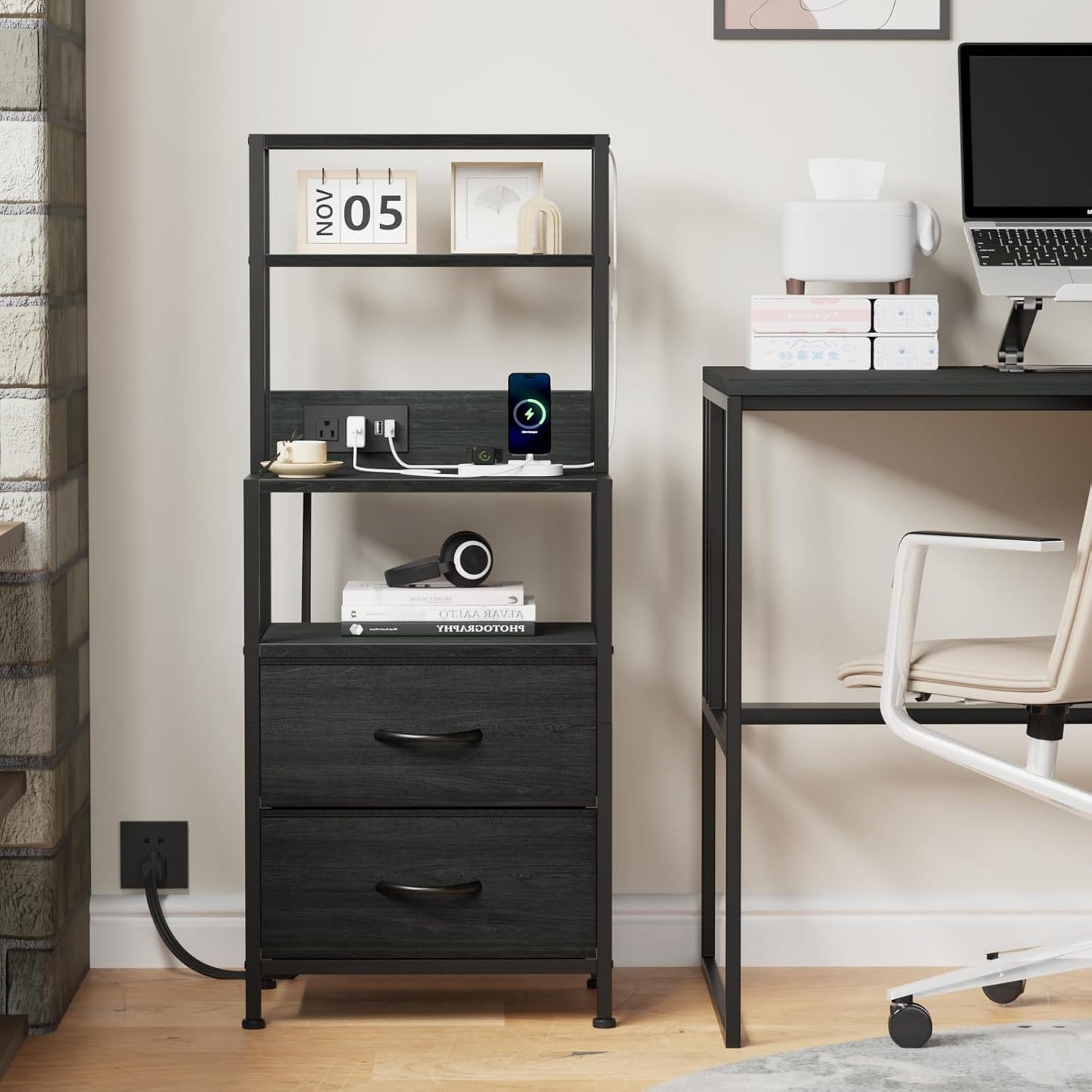Night Stand, Tall Nightstand with 4-Tier Shelves, 2 Fabric Drawers and Light Tube, Bed Side Tables with Charging Station, Bedside Table for Bedroom, Office, Black Oak