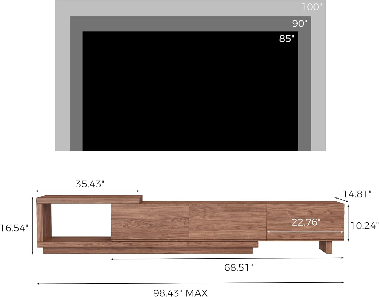 Extendable TV Stand for 65-100 Inches Tvs – Walnut Entertainment Console with 3 Drawers & 1 Storage Compartment, Adjustable Length 68.5''-98.4'' (Walnut, 68.5''-98.4'')