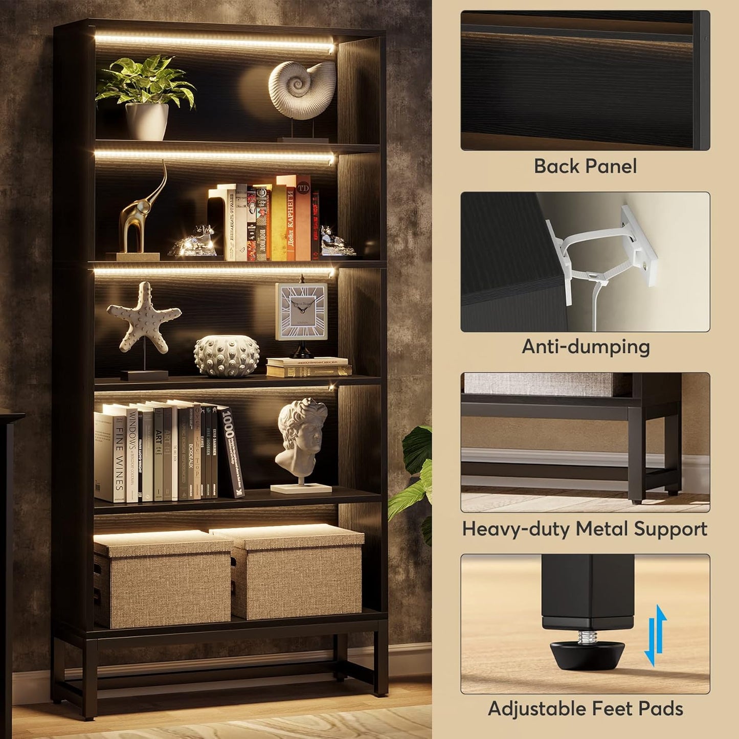 Tall Bookcase Black Bookshelf, 70.8” Large Bookcases Organizer with LED Lights, Heavy Duty Free-Standing Library Bookshelf with 5-Tier Storage Shelves for Living Room, Bedroom (Black)