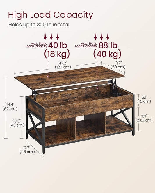 Lift Top Coffee Table, Lift Coffee Table with Storage Shelf, Hidden Compartments and Lifting Top, for Living Room, Office, 19.7 X 47.2 X (19.3-24.4) Inches, Rustic Brown and Black ULCT212B01