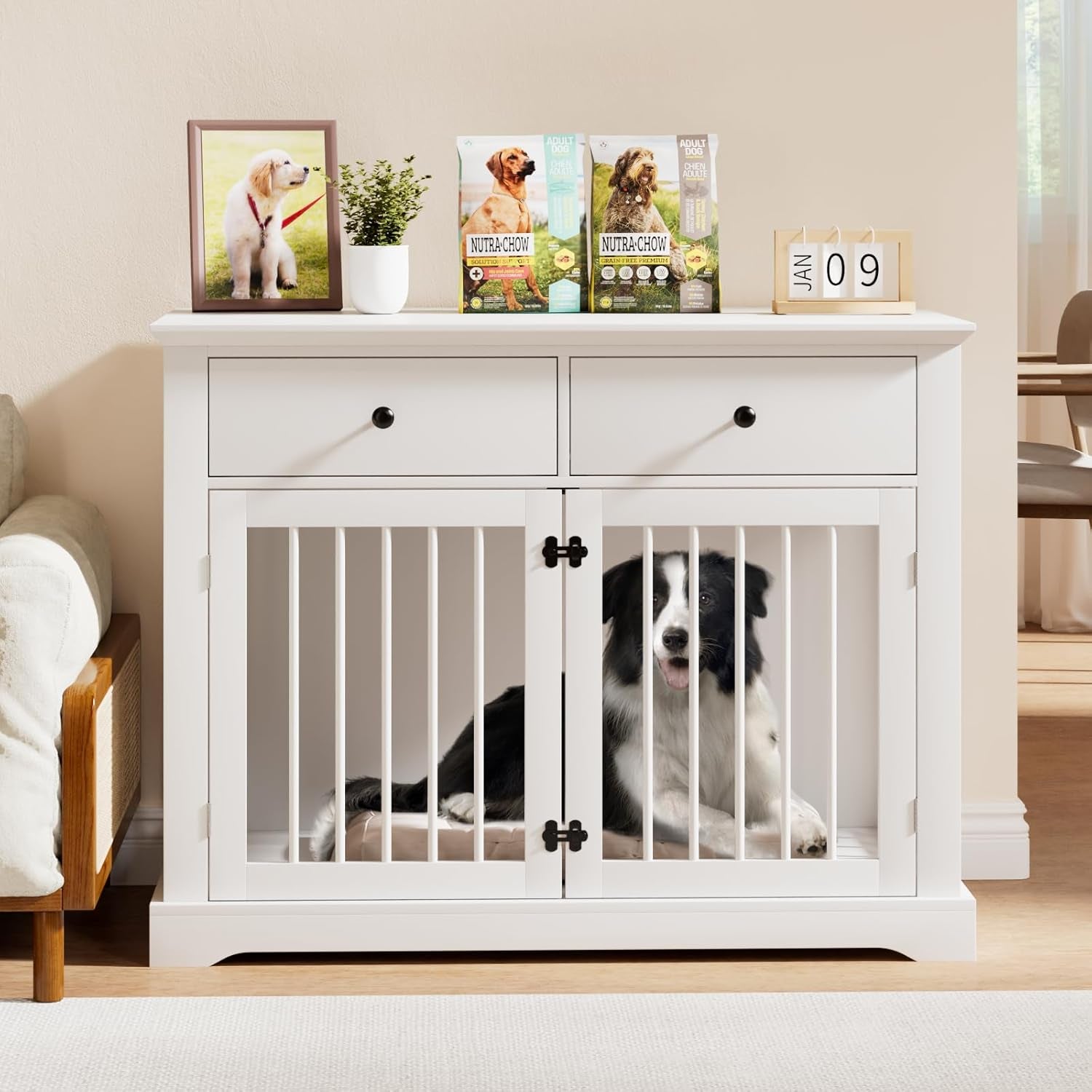 44Inch Dog Crate Furniture with Drawers,Wooden Dog Kennel Furniture for Large Breed,White End Table Wood Dog House for Indoor Use,For Small/Medium/Large Dog