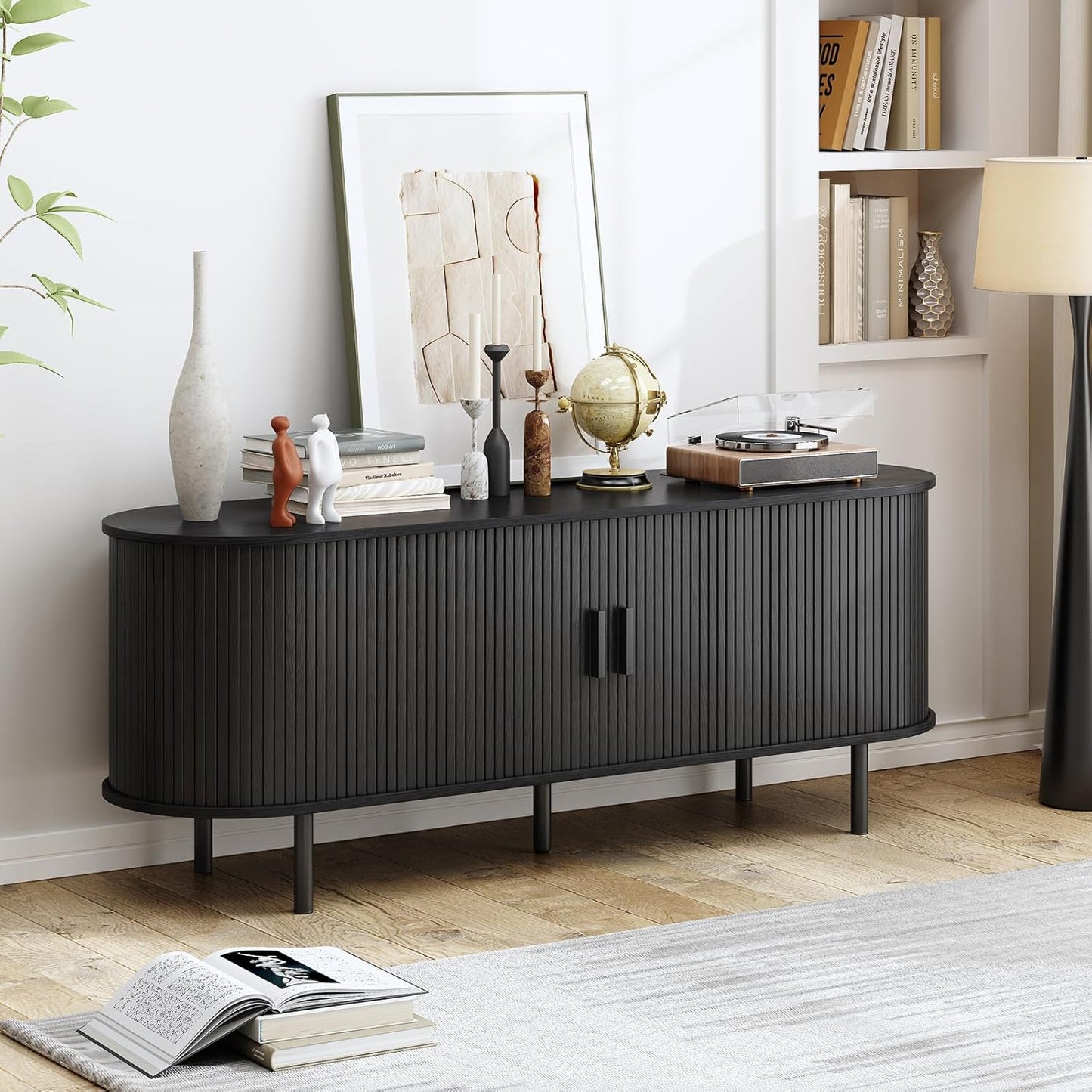 63" TV Stand with Power Outlet, Modern Media Console with Sliding Doors, Entertainment Center for Tvs up to 60 Inch, Adjustable Shelves, Black