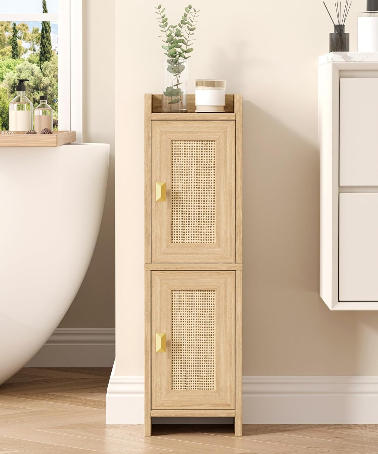 Rattan Small Bathroom Cabinet with 2 Doors, 7.9''D X 7.9''W Narrow Toilet Paper Storage Cabinet, Bathroom Organizer for Small Spaces, Wooden Slim Corner Unit with Adjustable Shelf, Natural Oak