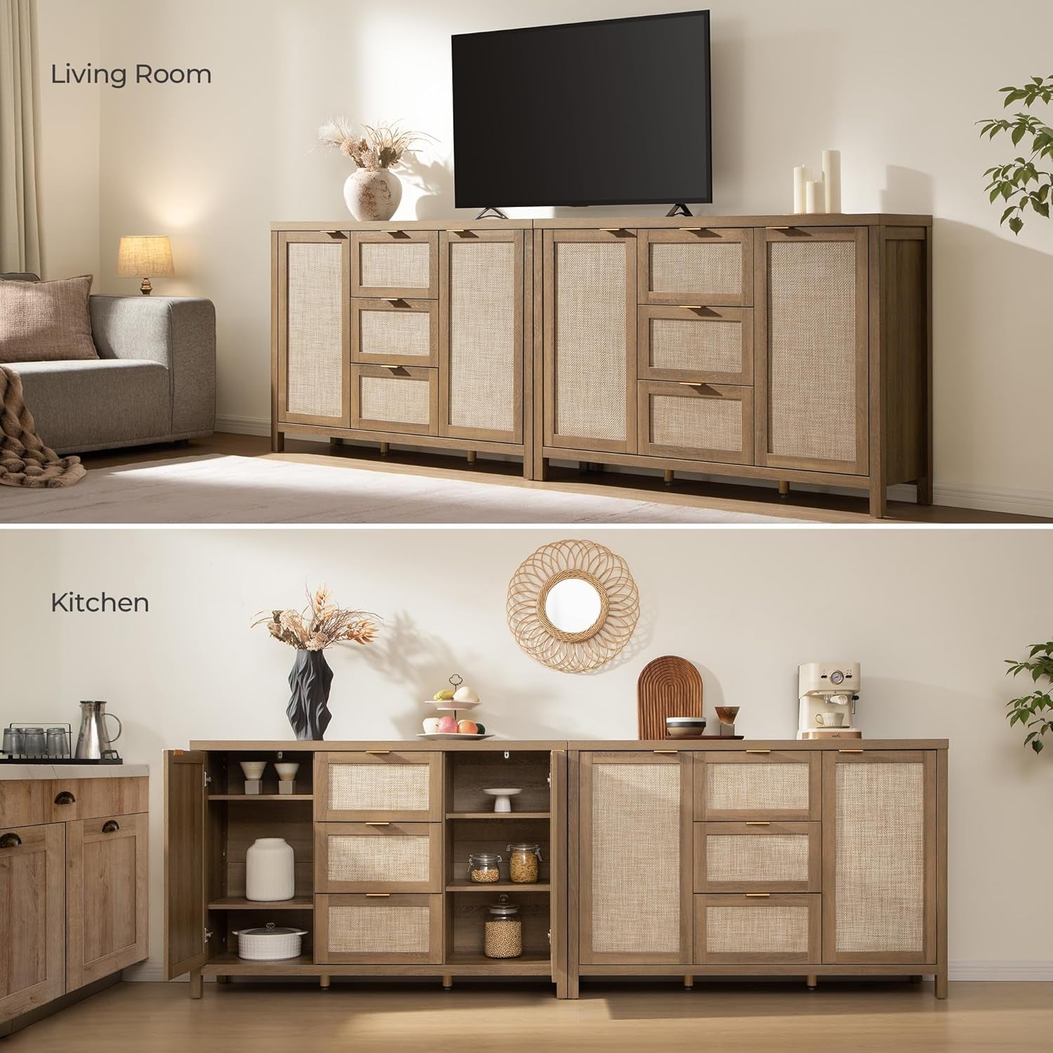Rattan Sideboard Buffet Cabinet with Storage - 52" Larger Farmhouse Credenza Storage Coffee Bar Cabinet with 3 Drawers & 2 Doors, Boho Console Table for Living Room, Kitchen, Caramel Oak