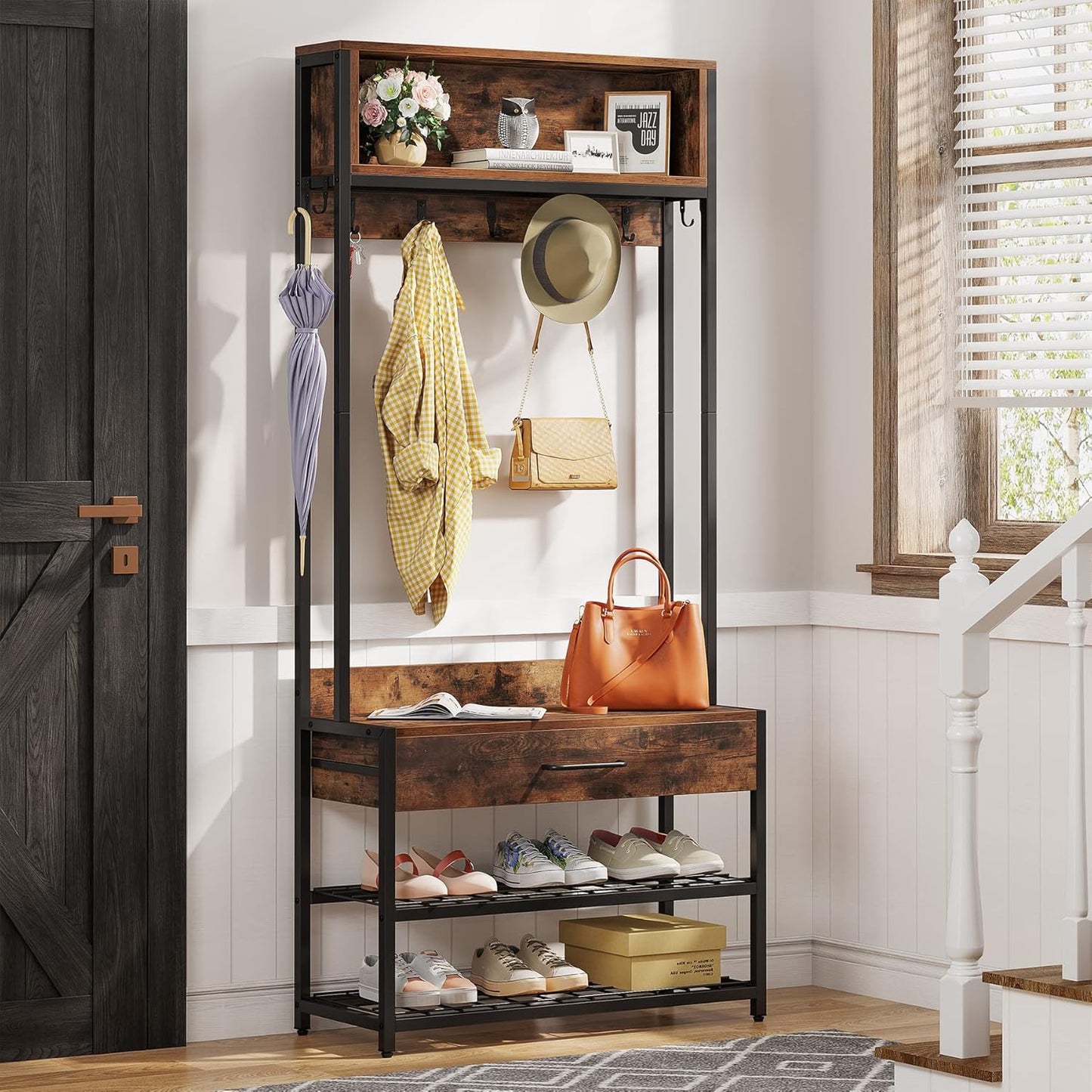 3-In-1 Entryway Hall Tree with Drawer, Vintage Industrial Coat Rack with Shoe Bench and Hutch, Mudroom Bench with Shoe Storage Rack and 9 Hooks for Living Room Bedroom (Brown)