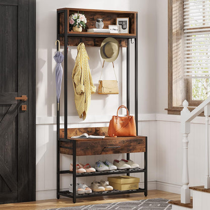 3-In-1 Entryway Hall Tree with Drawer, Vintage Industrial Coat Rack with Shoe Bench and Hutch, Mudroom Bench with Shoe Storage Rack and 9 Hooks for Living Room Bedroom (Brown)