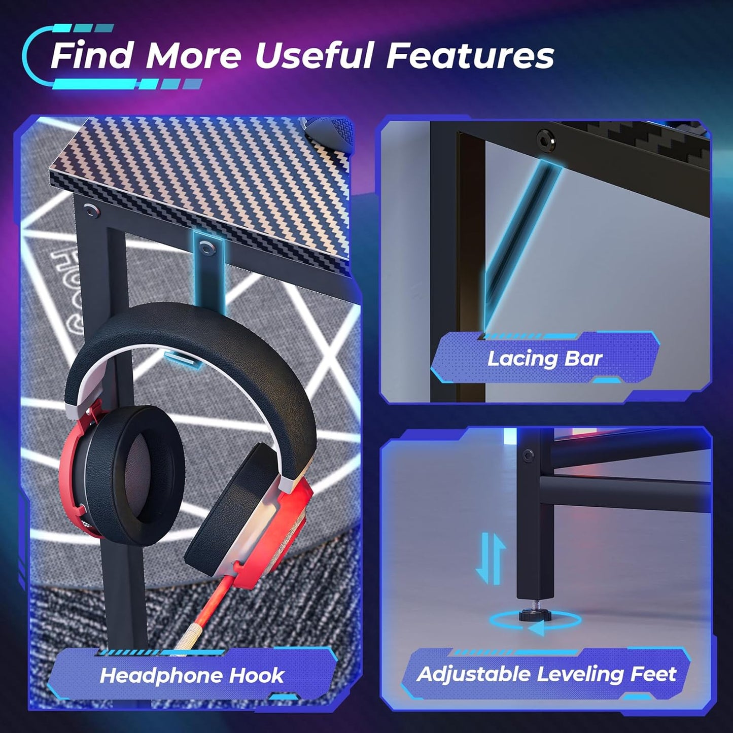 L Shaped Gaming Desk with Power Outlets & LED Lights, Computer Desk with Monitor Shelves, Carbon Fiber Surface, Home Office Desk, Corner Gaming Desk with Hooks, Carbon Fiber Black