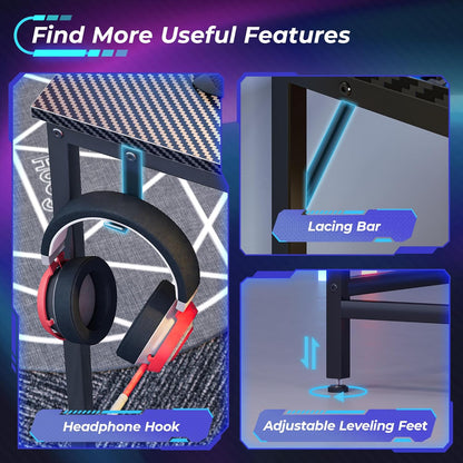 L Shaped Gaming Desk with Power Outlets & LED Lights, Computer Desk with Monitor Shelves, Carbon Fiber Surface, Home Office Desk, Corner Gaming Desk with Hooks, Carbon Fiber Black